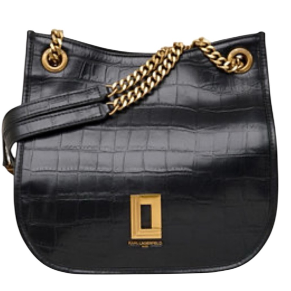 Karl Lagerfeld Paris Black Croc-Embossed Leather gold chain strap hobo bag - Picture 3 of 16